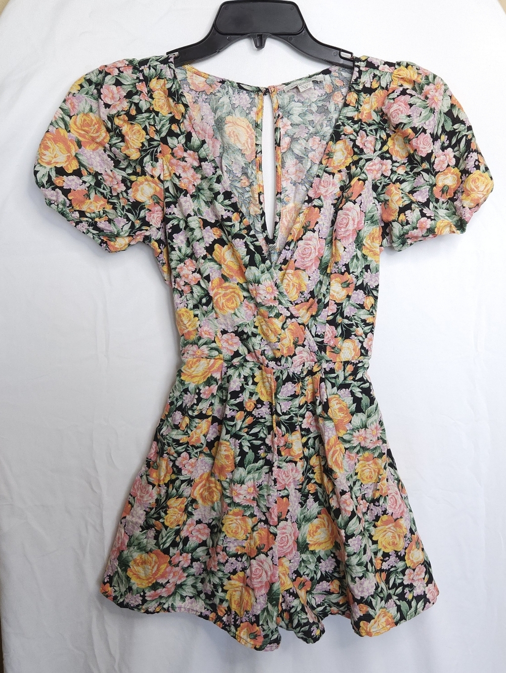 American Eagle Floral V-Neck Puff Sleeve Romper - Black with Yellow & Pink Roses